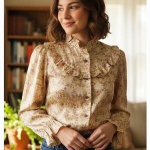 Vintage 70's Cream & Tan Ruffle Plaid Floral Button Down Long Sleeve Blouse